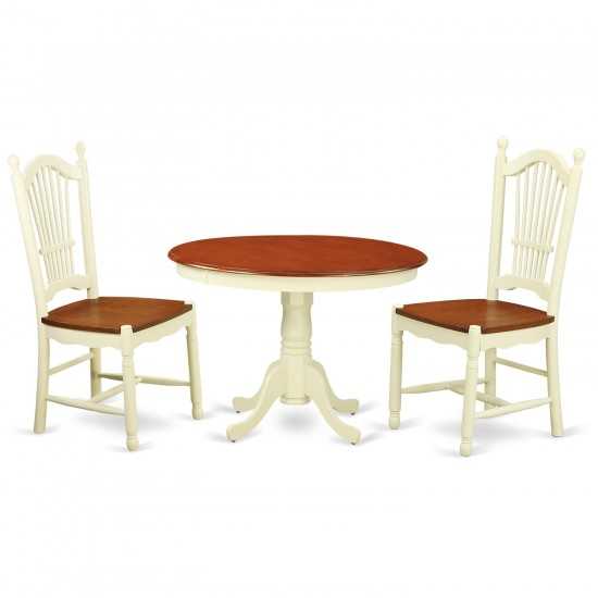 3 Pc Set, Round Small Table, 2 Leather Kitchen Chairs In Buttermilk, Cherry .