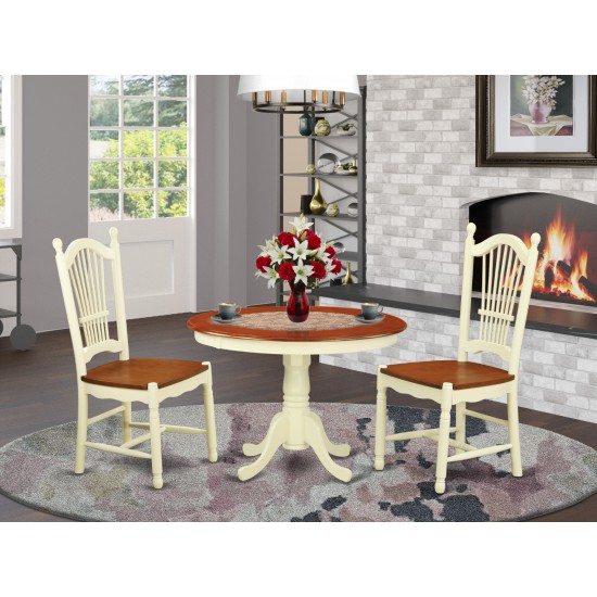 3 Pc Set, Round Small Table, 2 Leather Kitchen Chairs In Buttermilk, Cherry .