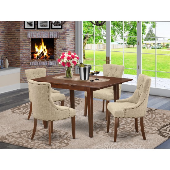 5Pc Dining Set, Rectangle Dinette Table, Butterfly Leaf, Four Parson Chairs, Doeskin Fabric, Mahogany