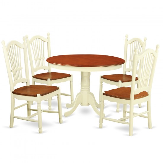 5 Pc Set, Round Small Table, 4 Leather Kitchen Chairs In Buttermilk, Cherry .