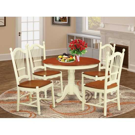 5 Pc Set, Round Small Table, 4 Leather Kitchen Chairs In Buttermilk, Cherry .