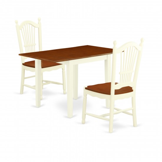 Wooden Dining Set 3 Pcs- 2 Kitchen Chairs, Table, Cherry Finish Hardwood Chair Seat, Buttermilk Finish Structure.