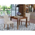 3Pc Dinette Set, Square Kitchen Table, Two Parson Chairs, Doeskin Fabric, Mahogany Finish