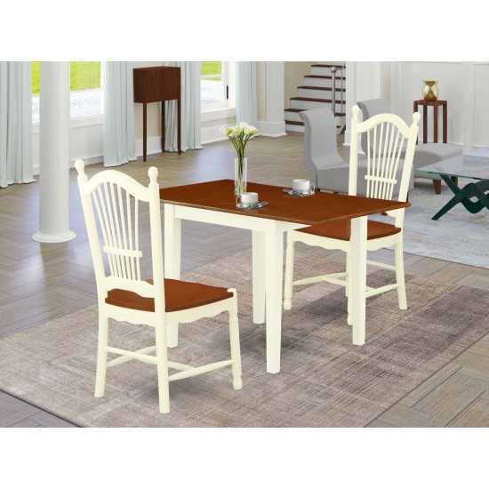 Wooden Dining Set 3 Pcs- 2 Kitchen Chairs, Table, Cherry Finish Hardwood Chair Seat, Buttermilk Finish Structure.