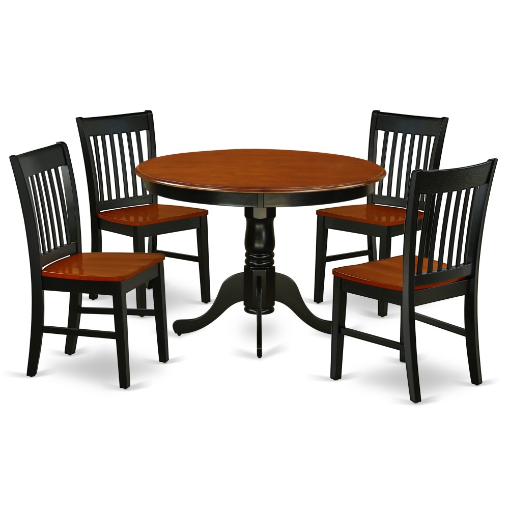 5Pc Round 42 Inch Table And Four Wood Seat Kitchen Chairs