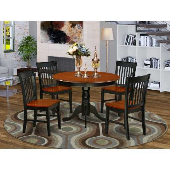 5Pc Round 42 Inch Table And Four Wood Seat Kitchen Chairs