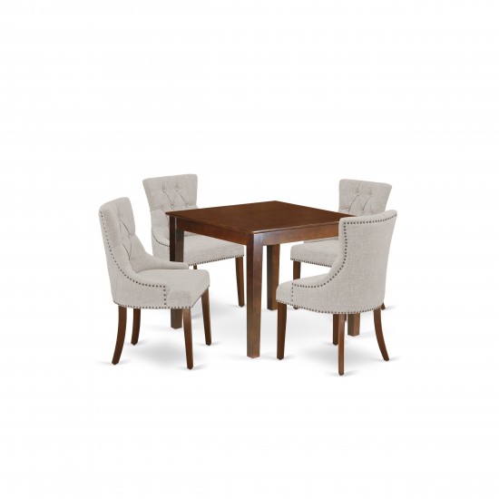 5Pc Dining Set, Square Dinette Table, Four Parson Chairs, Doeskin Fabric, Mahogany Finish