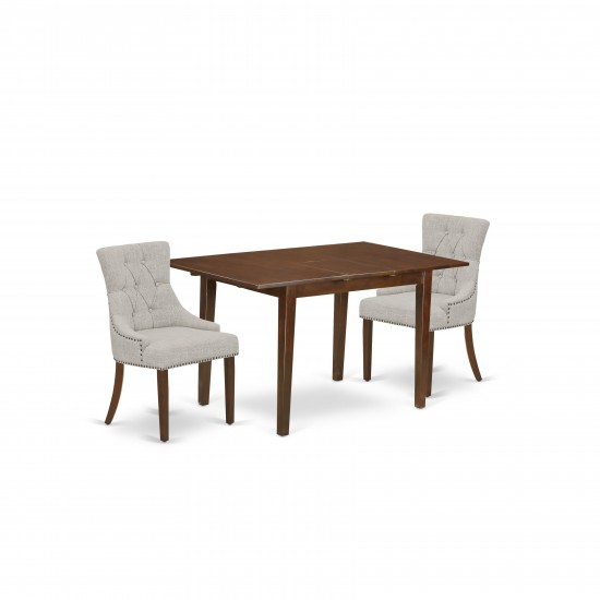 3Pc Dinette Set, Rectangular Kitchen Table, Butterfly Leaf, Two Parson Chairs, Doeskin Fabric, Mahogany