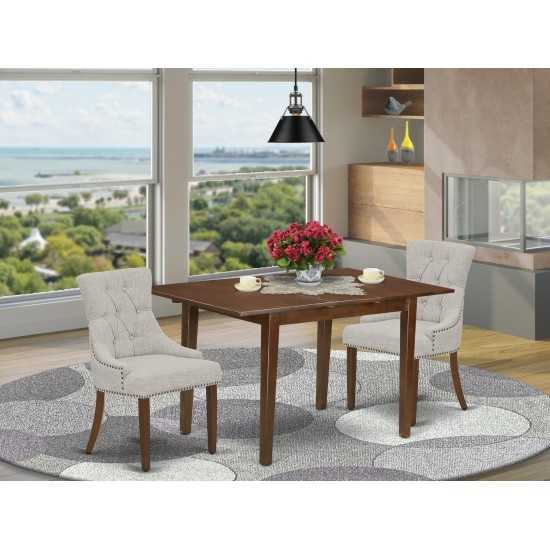3Pc Dinette Set, Rectangular Kitchen Table, Butterfly Leaf, Two Parson Chairs, Doeskin Fabric, Mahogany