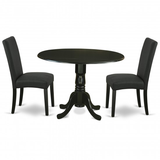 3Pc Round 42" Dining Table, Two 9-Inch Drop Leaves, Two Chair, Black Leg, Black