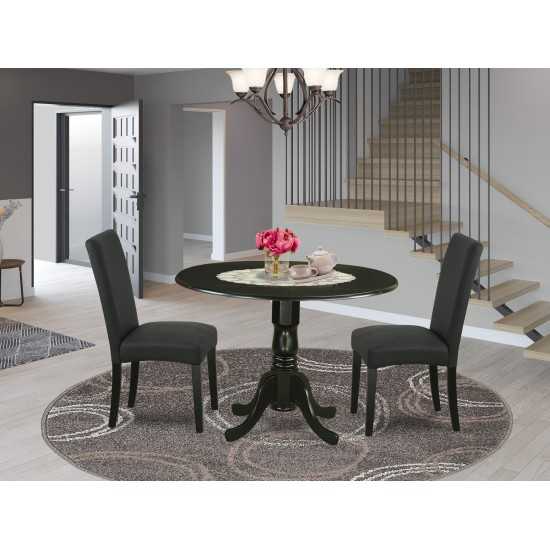 3Pc Round 42" Dining Table, Two 9-Inch Drop Leaves, Two Chair, Black Leg, Black