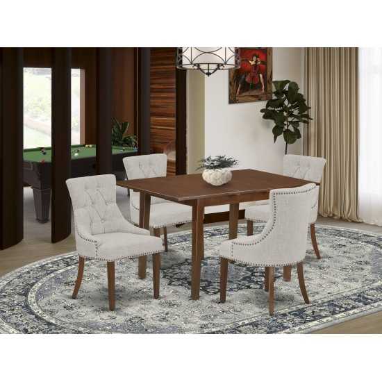 5Pc Dining Set, Rectangle Dinette Table, Butterfly Leaf, Four Parson Chairs, Doeskin Fabric, Mahogany