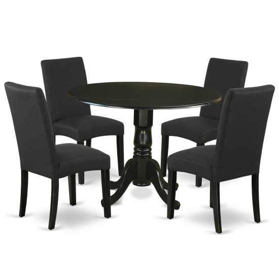 5Pc Round 42" Kitchen Table, Two 9-Inch Drop Leaves, Four Chair, Black Leg, Black