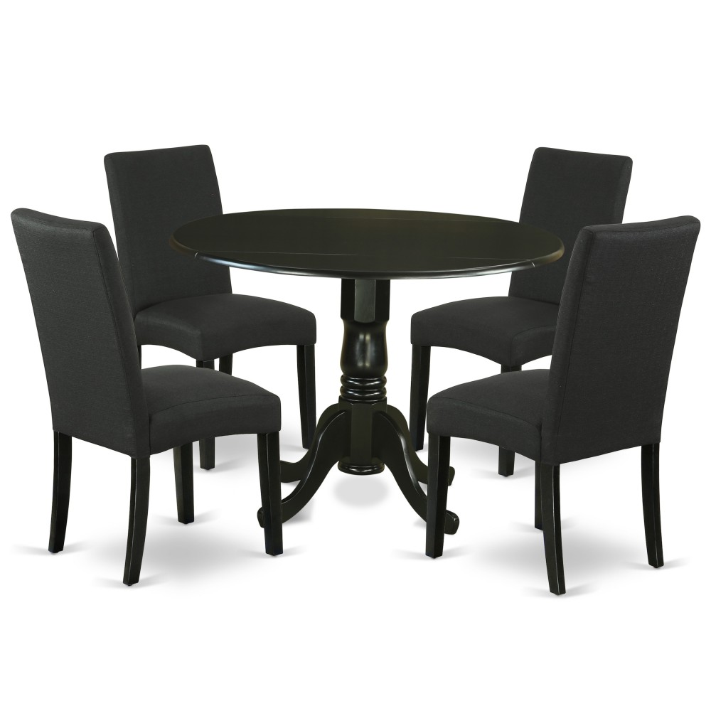 5Pc Round 42" Kitchen Table, Two 9-Inch Drop Leaves, Four Chair, Black Leg, Black 5Pc Round 42" Kitchen Table, Two 9-Inch Drop Leaves, Four Chair, Black Leg, Black