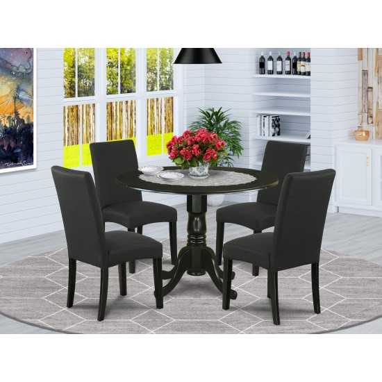 5Pc Round 42" Kitchen Table, Two 9-Inch Drop Leaves, Four Chair, Black Leg, Black