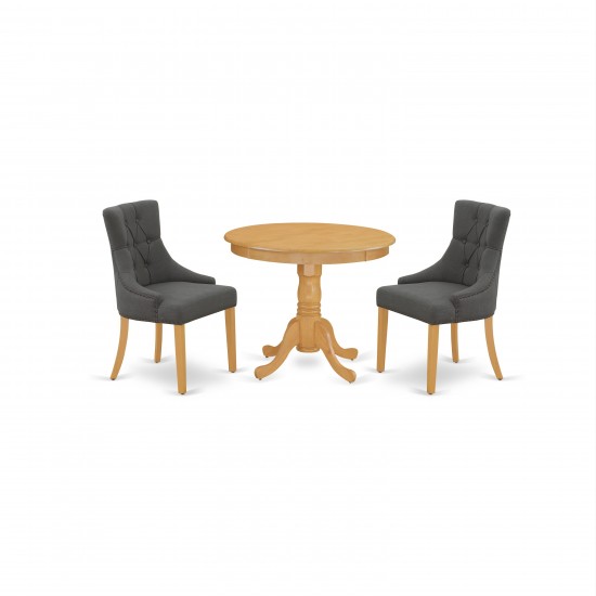 3Pc Dinette Set, Small Rounded Kitchen Table, Two Parson Chairs, Dark Gotham Grey Fabric, Oak Finish