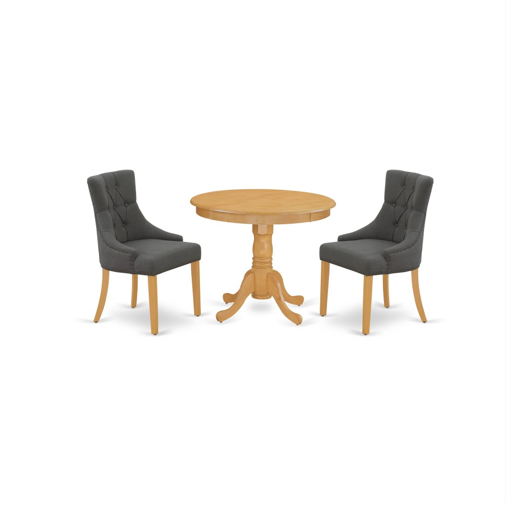 3Pc Dinette Set, Small Rounded Kitchen Table, Two Parson Chairs, Dark Gotham Grey Fabric, Oak Finish