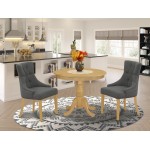 3Pc Dinette Set, Small Rounded Kitchen Table, Two Parson Chairs, Dark Gotham Grey Fabric, Oak Finish