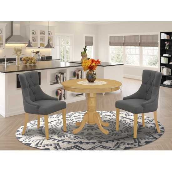 3Pc Dinette Set, Small Rounded Kitchen Table, Two Parson Chairs, Dark Gotham Grey Fabric, Oak Finish