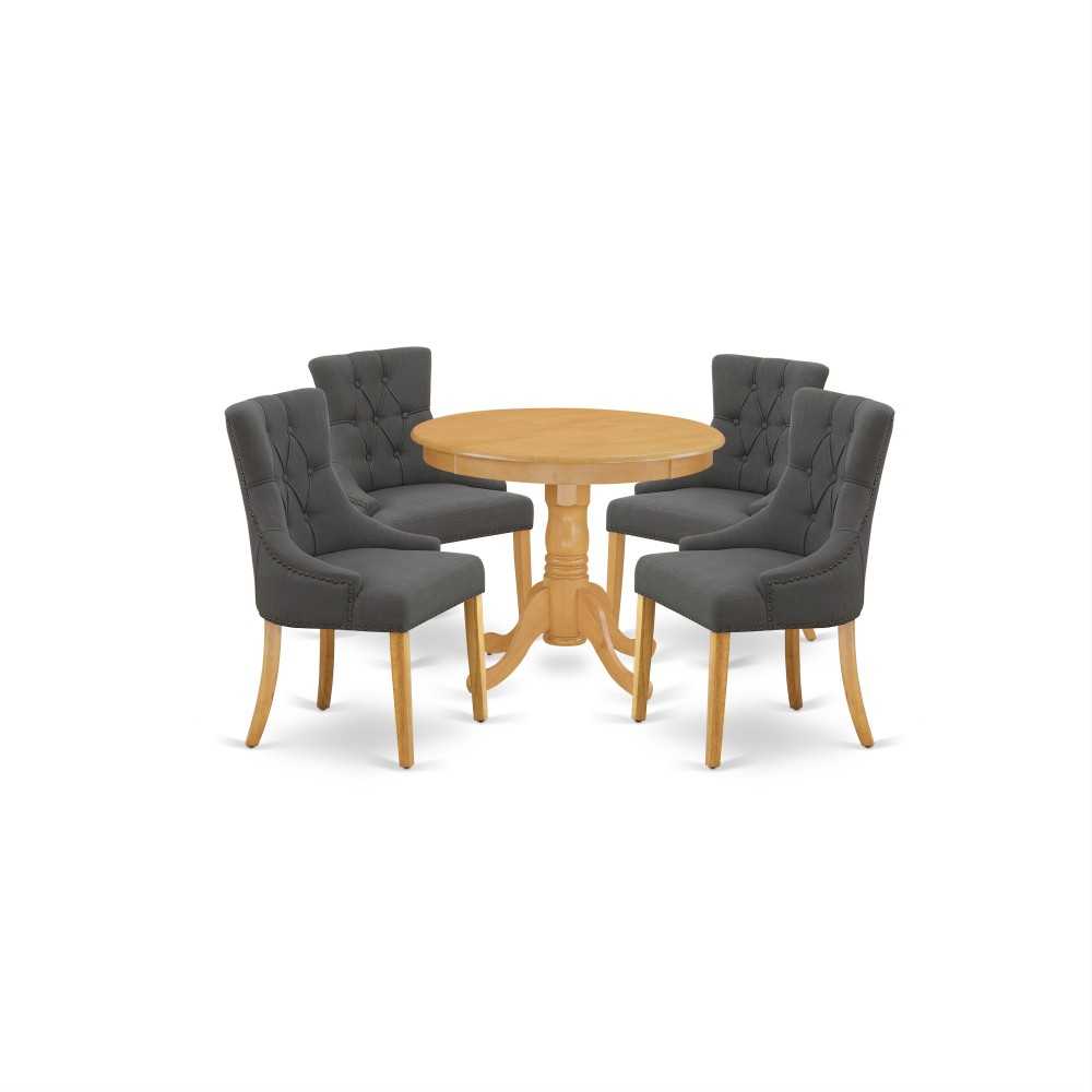 5Pc Dining Set, Small Round Dinette Table, Four Parson Chairs, Dark Gotham Grey Fabric, Oak Finish