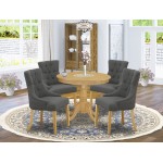 5Pc Dining Set, Small Round Dinette Table, Four Parson Chairs, Dark Gotham Grey Fabric, Oak Finish