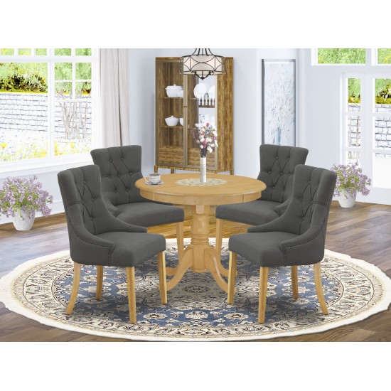 5Pc Dining Set, Small Round Dinette Table, Four Parson Chairs, Dark Gotham Grey Fabric, Oak Finish