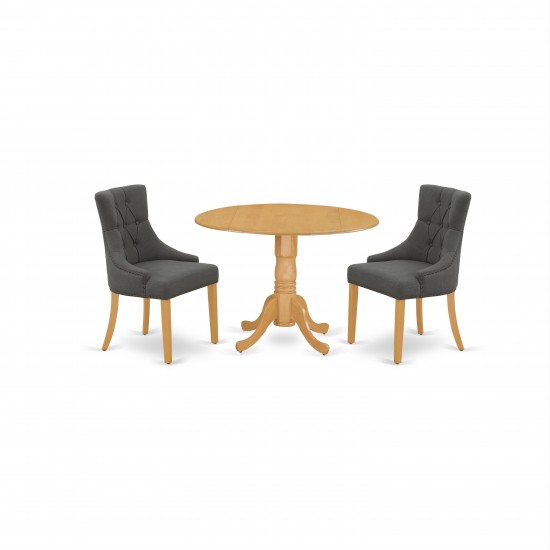 3Pc Dinette Set, Rounded Kitchen Table, Drop Leaves, Two Parson Chairs, Dark Gotham Grey Fabric, Oak