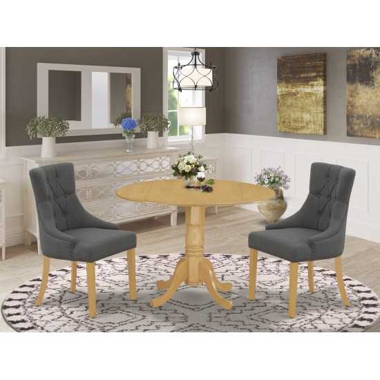 3Pc Dinette Set, Rounded Kitchen Table, Drop Leaves, Two Parson Chairs, Dark Gotham Grey Fabric, Oak