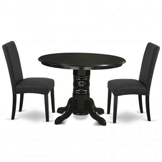 3Pc Round 42" Dining Room Table, A Pair Of Parson Chair, Black Finish Leg