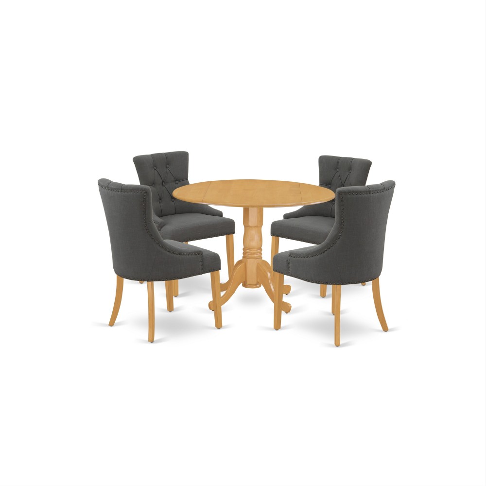 5Pc Dining Set, Round Dinette Table, Drop Leaves, Four Parson Chairs, Dark Gotham Grey Fabric, Oak