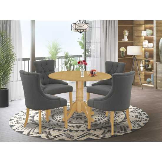 5Pc Dining Set, Round Dinette Table, Drop Leaves, Four Parson Chairs, Dark Gotham Grey Fabric, Oak