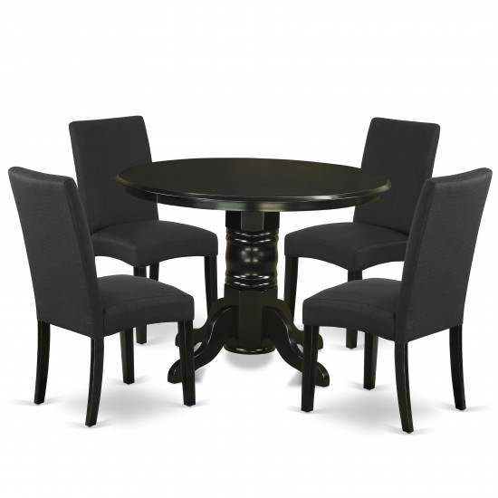 5Pc Rounded 42" Dining Table, Four Parson Chair, Black Finish Leg