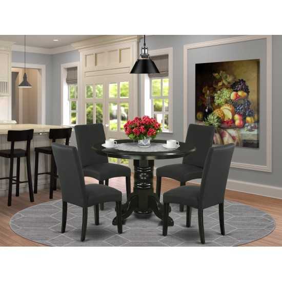 5Pc Rounded 42" Dining Table, Four Parson Chair, Black Finish Leg