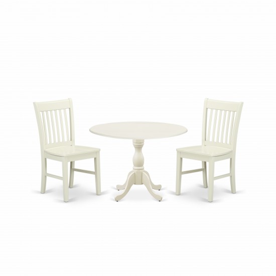 3 Pc Dining Set, 1 Drop Leaves Table, 2 Linen White Chair, Slatted Back, Linen White Finish