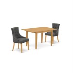 3Pc Dinette Set, Rectangular Kitchen Table, Butterfly Leaf, Two Parson Chairs, Dark Gotham Grey Fabric, Oak