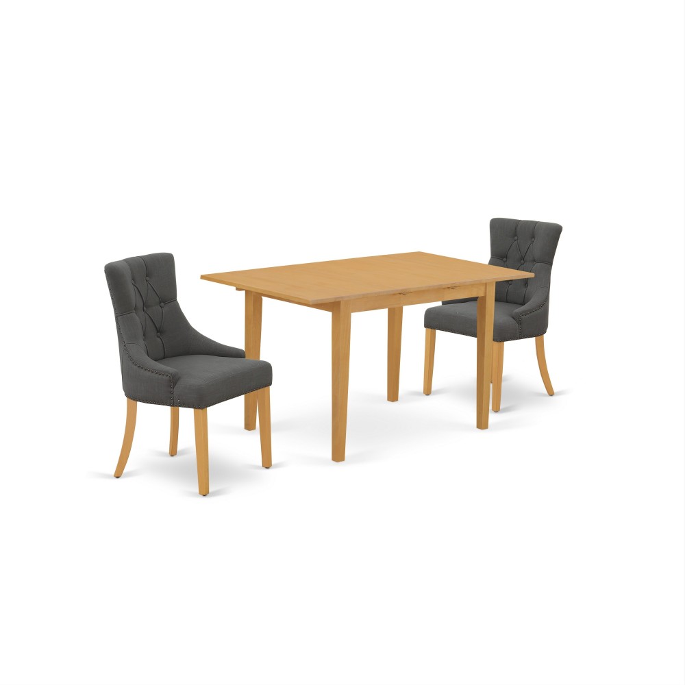 3Pc Dinette Set, Rectangular Kitchen Table, Butterfly Leaf, Two Parson Chairs, Dark Gotham Grey Fabric, Oak