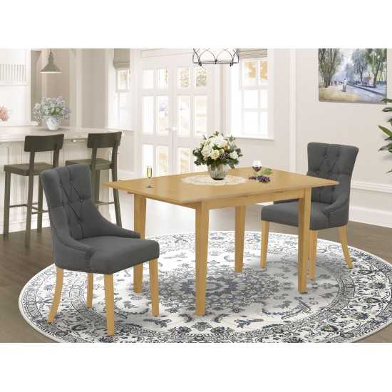 3Pc Dinette Set, Rectangular Kitchen Table, Butterfly Leaf, Two Parson Chairs, Dark Gotham Grey Fabric, Oak