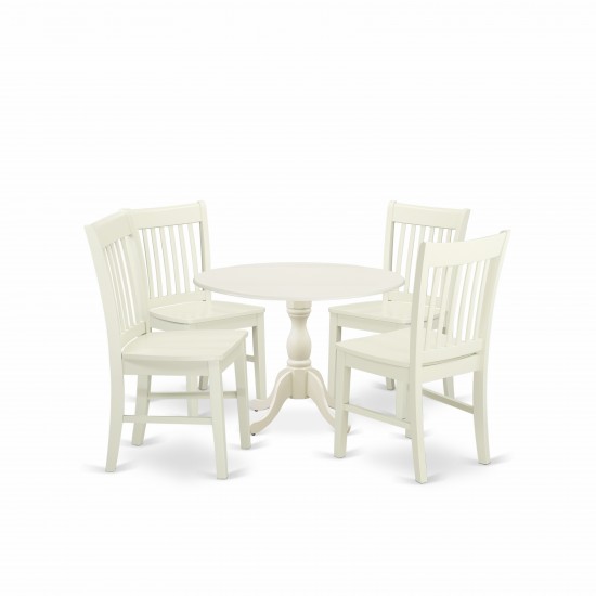 5 Pc Dinette Sets, 1 Drop Leaves Kitchen Table, 4 Linen White Dining Chairs, Slatted Back, Linen White Finish