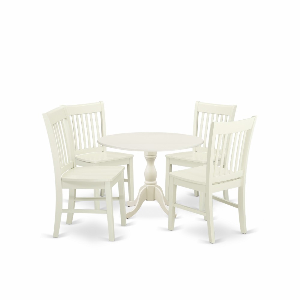 5 Pc Dinette Sets, 1 Drop Leaves Kitchen Table, 4 Linen White Dining Chairs, Slatted Back, Linen White Finish