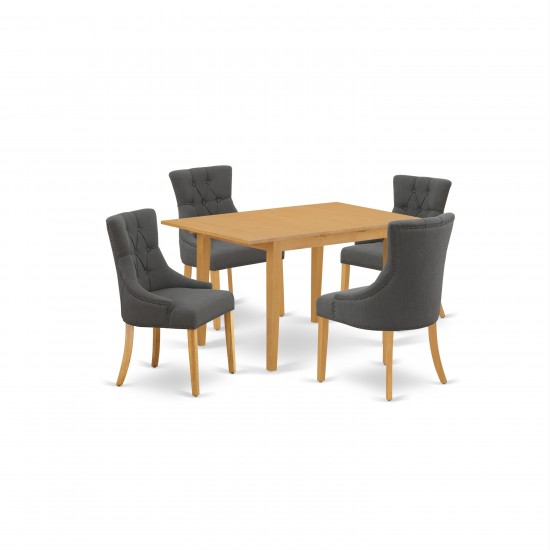 5Pc Dining Set, Rectangle Dinette Table, Butterfly Leaf, Four Parson Chairs, Dark Gotham Grey Fabric, Oak