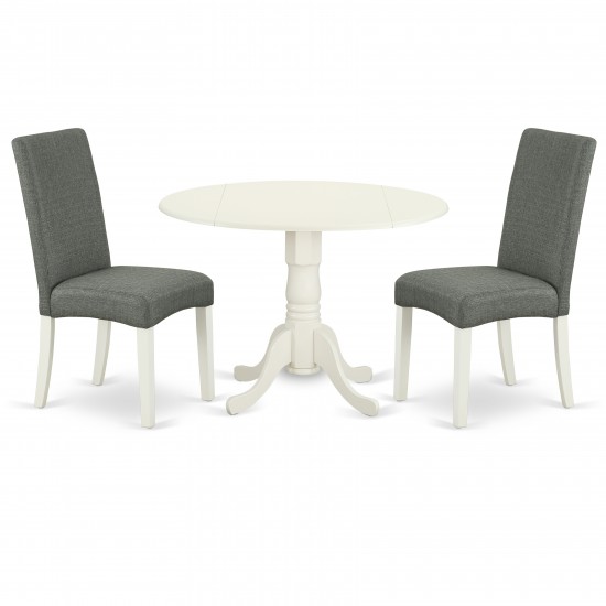 3Pc Round 42" Dining Table, Two 9-Inch Drop Leaves, Two Chair, Linen White Leg, Gray