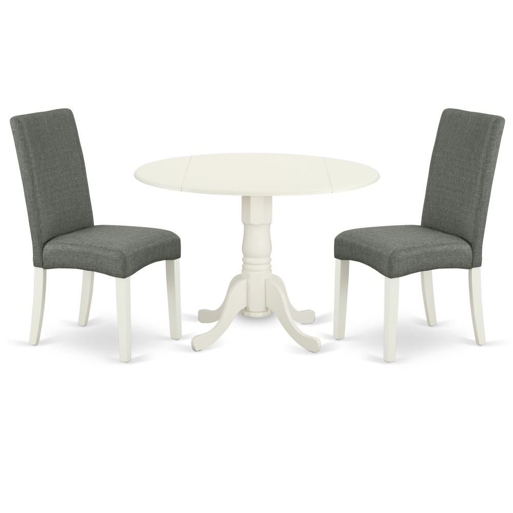 3Pc Round 42" Dining Table, Two 9-Inch Drop Leaves, Two Chair, Linen White Leg, Gray 3Pc Round 42" Dining Table, Two 9-Inch Drop Leaves, Two Chair, Linen White Leg, Gray