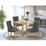 5Pc Dining Set, Rectangle Dinette Table, Butterfly Leaf, Four Parson Chairs, Dark Gotham Grey Fabric, Oak