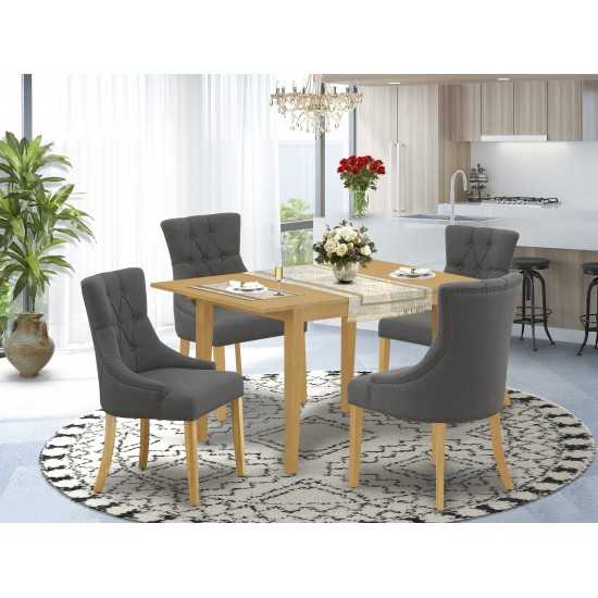 5Pc Dining Set, Rectangle Dinette Table, Butterfly Leaf, Four Parson Chairs, Dark Gotham Grey Fabric, Oak