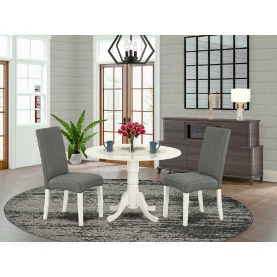 3Pc Round 42" Dining Table, Two 9-Inch Drop Leaves, Two Chair, Linen White Leg, Gray