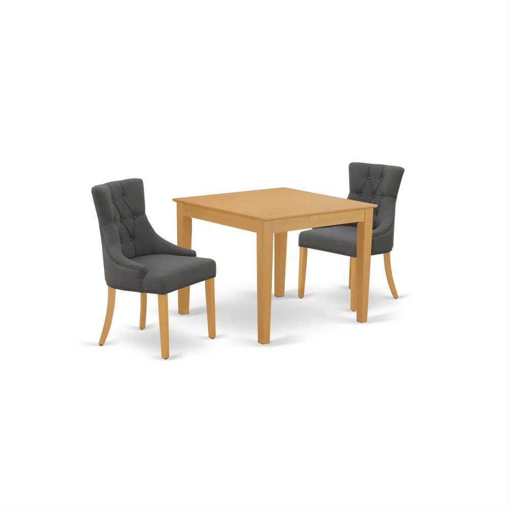 3Pc Dinette Set, Square Kitchen Table, Two Parson Chairs, Dark Gotham Grey Fabric, Oak Finish