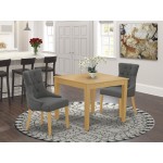 3Pc Dinette Set, Square Kitchen Table, Two Parson Chairs, Dark Gotham Grey Fabric, Oak Finish