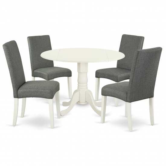 5Pc Round 42" Kitchen Table, Two 9-Inch Drop Leaves, Four Chair, Linen White Leg, Gray