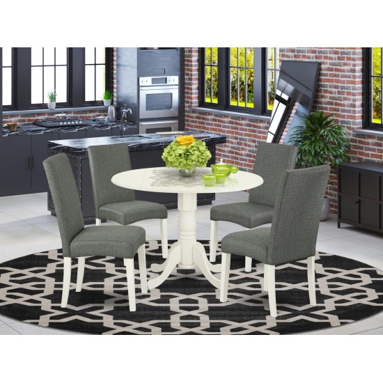 5Pc Round 42" Kitchen Table, Two 9-Inch Drop Leaves, Four Chair, Linen White Leg, Gray