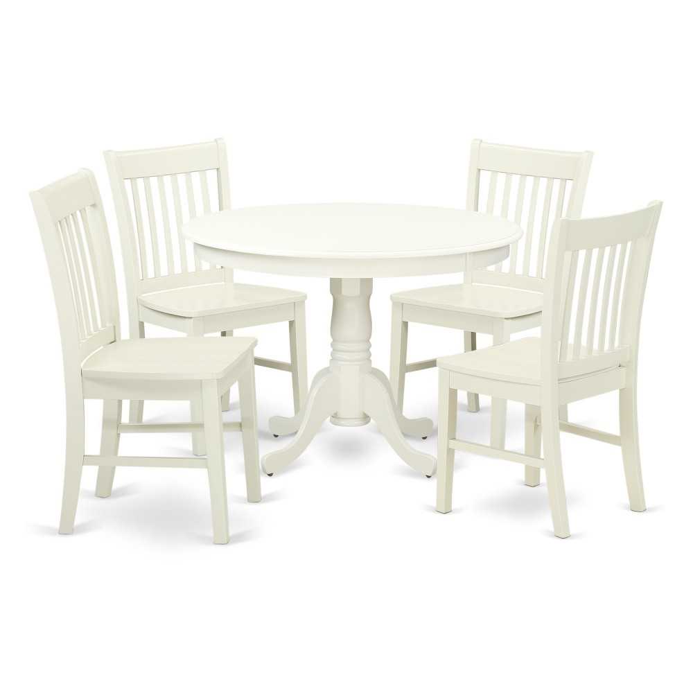 5 Pc Hartland Set, One Round 42In Dinette Table, 4 Dinette Chairs, Wood Seat In A Warm Linen White Finish.